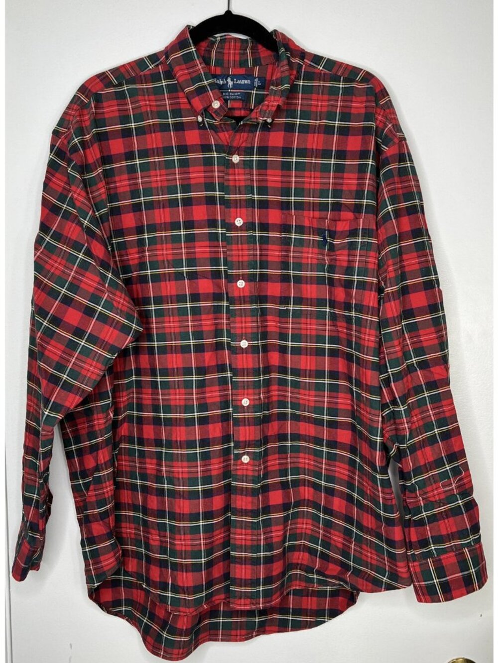 Ralph Lauren Christmas Blue Label L Big Shirt Cotton Red Green Plaid Button Down
